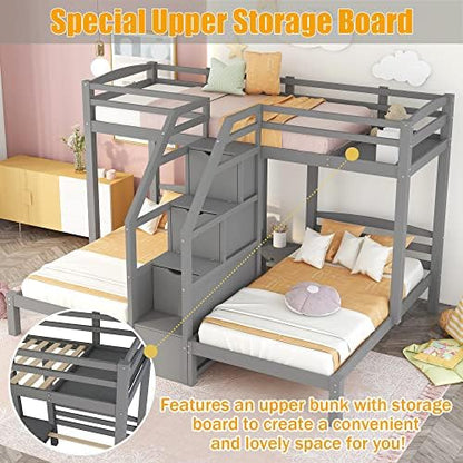 Harper & Bright Designs Triple Bunk Bed for Kids,Twin Over Twin Bunk Beds for 3, Wooden Bunk Beds with Storage Stairs and Litter Drawer for Girls Boys Teens,Grey