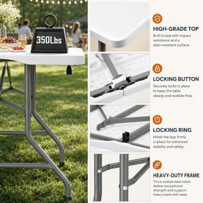 Fenbeli Folding Table 6FT, Upgraded 18% Thickened HDPE Top, 350 LBS, White