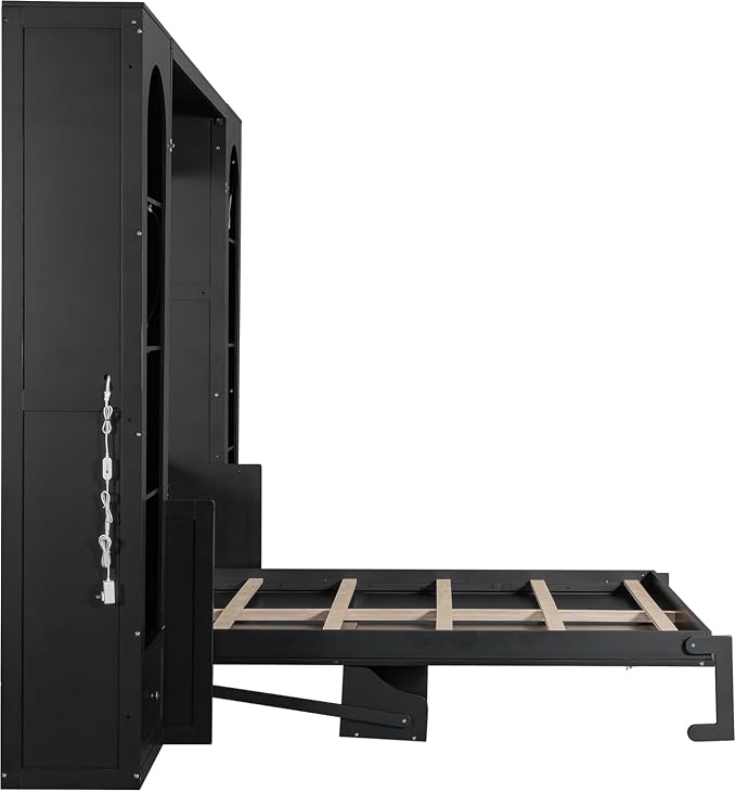 MERITLINE Queen Murphy Bed with Desk and Storage & LED Light, Solid Wood Hideaway Murphy Wall Bed with Storage Shelves Bookcase and Drawers for Adults Bedroom Office Library (Queen,Black)