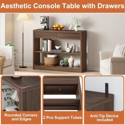 FATORRI Console Table with 2 Drawers, 43.3 Inch Farmhouse Narrow Entryway Table with Storage Shelves, Rustic Sofa Tables Behind the Couch for Hallway, Living Room, Foyer (Dark Walnut)