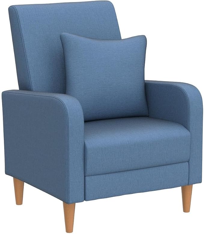 COLAMY Mid-Century Modern Upholstered Accent Chair with Back Pillow & Solid Wood Legs, Fabric Cozy Armchair for Living Room, Bedroom, Reading Nook, Apartment & Small Spaces, Blue