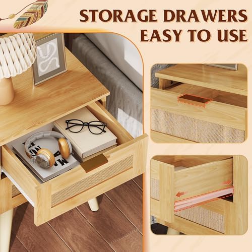 WLIVE Wooden Nightstands Set of 2, Rattan Night Stand with 2 Drawers