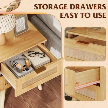 WLIVE Wooden Nightstands Set of 2, Rattan Night Stand with 2 Drawers