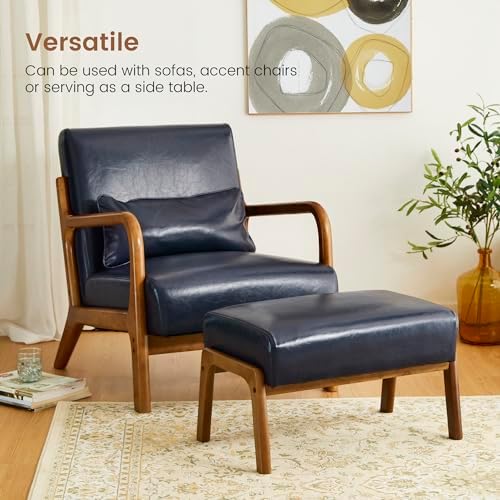 Glitzhome Foot Stool Pack of 2, Leatherette Wooden Step Stool, Modern Rectangle Ottoman Wide Vanity Stool with Cushion for Couch Living Room Bedroom Entryway, Navy Blue