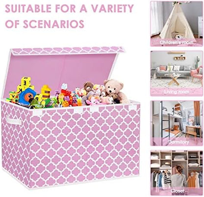 Toy Box for Girls, Kids - Large Toy Chest Organizers and Storage Boxes with Flip-Top Lid & Divider, Collapsible Container Bins for Playroom, Nursery, Closet, Living Room, 24.5"x13"x16", Pink