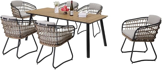 7-Piece Outdoor Wicker Dining Set with Wood-Plastic Composite Table Weather-Resistant Patio Furniture for 6 Person Scandinavian Design for Deck Garden Family Gatherings