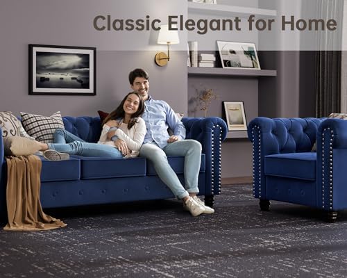 Morden Fort 2 Piece Classic Chesterfield 4-Seater Set, Tufted Chair & Sofa Furniture Solid Wood Legs Thick Cushion, Pet-Friendly Couch Set for Living Room Bedroom Apartment, Velvet Blue