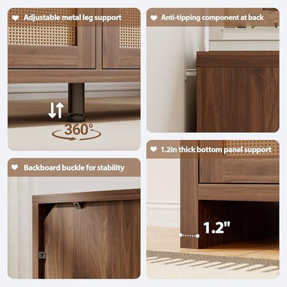 Rattan Buffet Cabinet with Storage, Sideboard Cabinet with Doors and Adjustable Shelves, Farmhouse Coffee Bar Station Table, Modern Wood Cupboard for Kitchen, Livingroom, Walnut