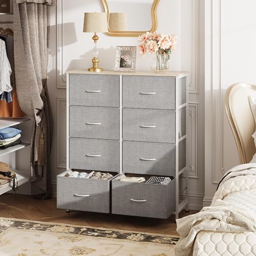 WLIVE 8 Drawer Fabric Dresser for Bedroom, Tall Storage Tower, Light Grey