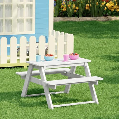 Costaelm Kids Picnic Table, HDPE All Weather Toddler Picnic Table, Toddler Outdoor Table and Chair Set Kids Bench for Patio, Backyard, Garden, Lawn, White