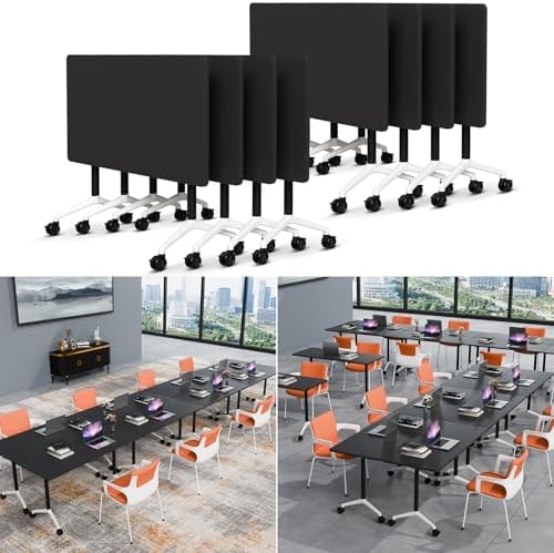 Folding Conference Table Modern Large Mobile Meeting Table Rolling Conference Room Tables with Wheels Seminar Tables for Office Training Classroom (8, Black, 55" D X 23.6" W X 29.5" H)
