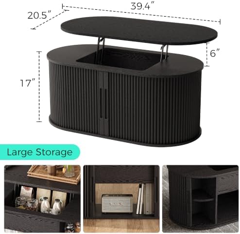 LINSY Lift Top Coffee Table, Oval Fluted Coffee Table with Storage, Mid Century Modern Wooden Coffee Tables with Sliding Tambour Door, 39" Center Table for Living Room, Office, Small Space, Black