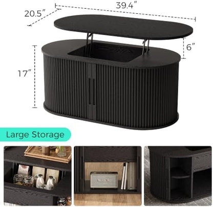 LINSY Lift Top Coffee Table, Oval Fluted Coffee Table with Storage, Mid Century Modern Wooden Coffee Tables with Sliding Tambour Door, 39" Center Table for Living Room, Office, Small Space, Black
