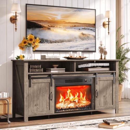 VINGLI 58" Fireplace TV Stand for up to 65" TVs, 1 Pakage, Gray Oak