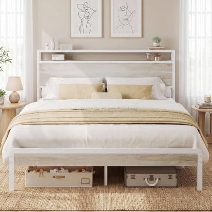 LIKIMIO Full Size Bed Frame with 2-Tier Storage Shelf Headboard