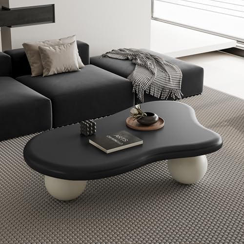 47" Cloud Shaped Coffee Table with 3 Ball Legs, Modern Minimalist Accent Tea Table for Living Room, Bedroom, Apartment or Office, Spacious MDF Surface, Kid & Pet Friendly, Black+White