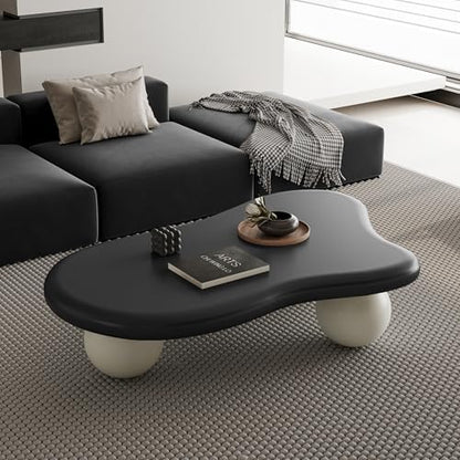 47" Cloud Shaped Coffee Table with 3 Ball Legs, Modern Minimalist Accent Tea Table for Living Room, Bedroom, Apartment or Office, Spacious MDF Surface, Kid & Pet Friendly, Black+White