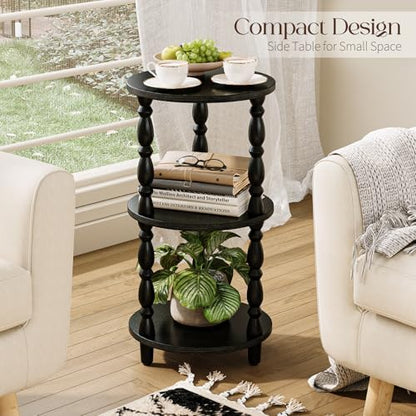 Yoobure Small Round Side Table - 3-Tier End Table with Storage Shelf, Narrow Bedside Table Nightstand for Bedroom, Accent End Tables Living Room, Wood Side Tables for Small Spaces, Office, Black