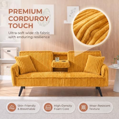 Corduroy Futon Sofa Bed, Convertible Couch with Cup Holders, Yellow