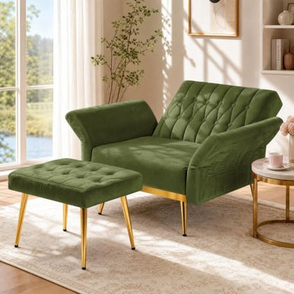 Velvet Accent Chair w/Ottoman & Adjustable Backrest, Olive Green