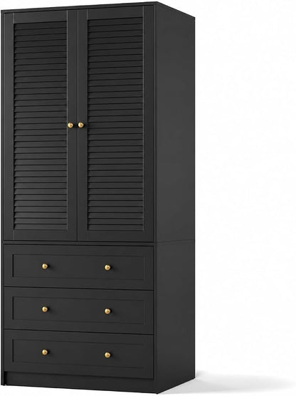 Garvee 70" Wardrobe Armoire Wooden Closet with 2 Doors and 3 Drawers, Bedroom Armoire with Hanging Rod Shelf, Large Capacity Storage Wardrobe Armoire, Freestanding Wooden Closet Storage Cabinet