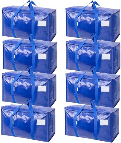 TICONN 8 Pack Extra Large Moving Bags Heavy Duty with Zippers & Carrying Handles, Durable Storage Bags Moving Boxes for Closet Organizers and Storage (8 Pack, Blue)