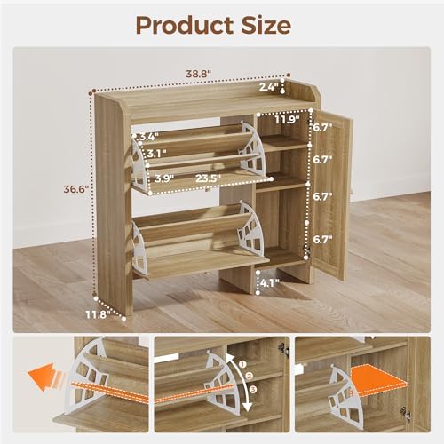Rattan Shoe Cabinet w/ 2 Flip Drawers&Side Storage, Narrow Hidden Shoe Rack