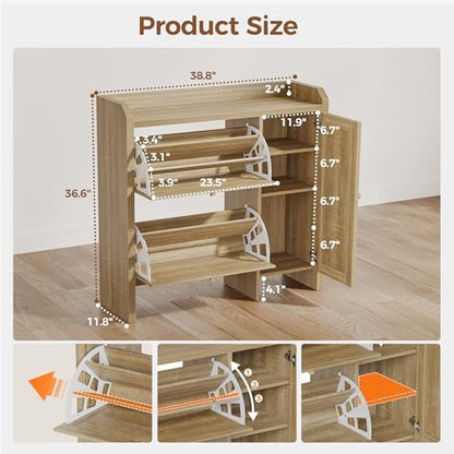 Rattan Shoe Cabinet w/ 2 Flip Drawers&Side Storage, Narrow Hidden Shoe Rack