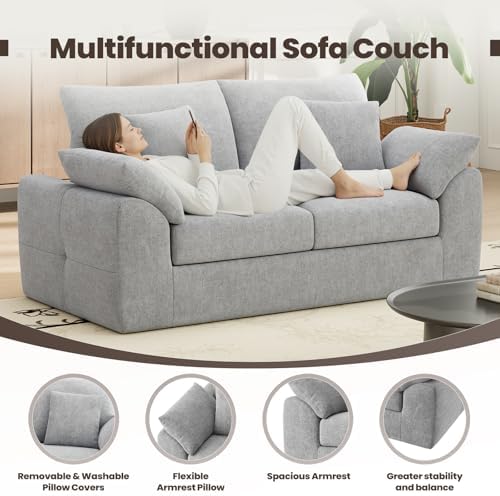 75.6" Cloud Boneless Sofa, Loveseat Couches with 4 Pillows, Modern Living Room 2 Seater Sofa for Small Space, Apartment, No Assembly, Light Grey