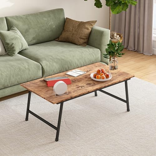 Black Coffee Table Foldable,Simple Modern Rectangular Center Table, Industrial Wood Tabletop and Metal Frame, Low Coffee Table for Home Office, Living Room,No Assembly,Rustic Brown