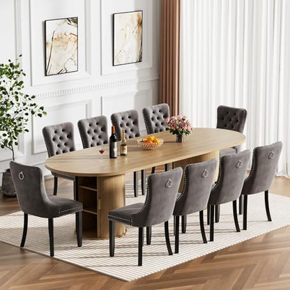 Oval Extendable Dining Table Set for 10, 11-Piece Extendable Kitchen Table Set with 10 Grey Upholstered Chairs, Modern 63"-94" Expandable Dining Room Table Set with Storage Fluted Base for Kitchen