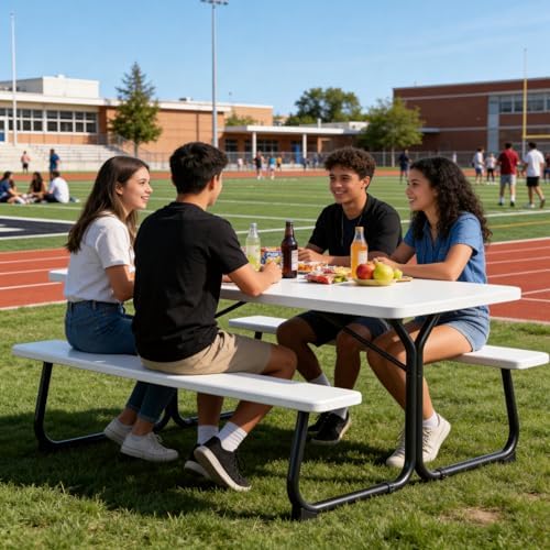 6 FT Picnic Table with Attached Benches, Outdoor Picnic Bench Table for 8 People, Heavy Duty Steel Frame, 600 LBS Weight Capacity, Patio Dining Table for Backyard, Park, Garden, School