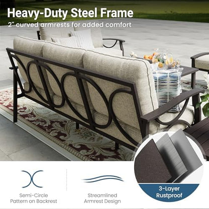 RoyalCraft Outdoor Patio Furniture Set, 7 Seats Outdoor Patio Set with 4" Thick Cushion, All-Weather Metal Patio Sofa with Coffee Table, Outdoor Sectional Furniture for Porch Backyard, Khaki&Beige