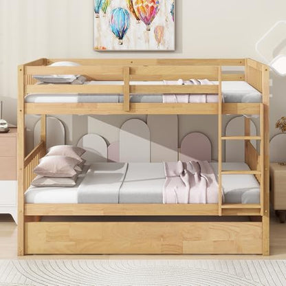 Harper & Bright Designs Convertible Wood Full-Over-Full Bunk Bed with Trundle and Ladder - Can Be Divided Into Two Platform Beds, White Oak