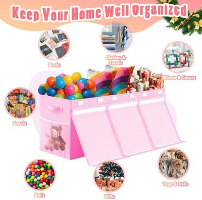 Large Toy Box Storage with Lid, Collapsible Sturdy Toy Chest Bin Pink