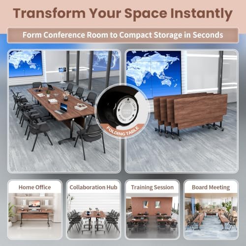 Modern Conference Table, Folding Modular Conference Room Tables with Wheels, Flip Top Mobile Training Table for 6-12 People, Foldable Rectangle Meeting Seminar Tables for Office(Walnut4,4PCS 70.8in)