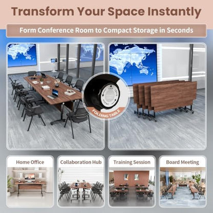 Modern Conference Table, Folding Modular Conference Room Tables with Wheels, Flip Top Mobile Training Table for 6-12 People, Foldable Rectangle Meeting Seminar Tables for Office(Walnut4,4PCS 70.8in)