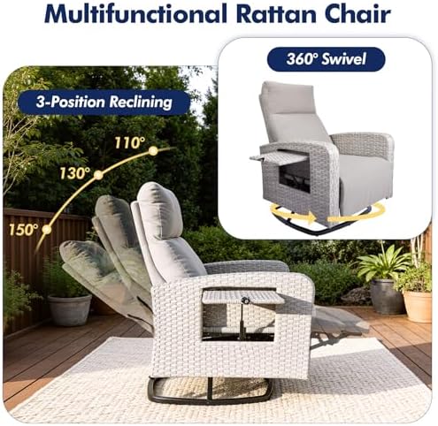 ZZW Outdoor Recliner Chair Set of 2, Wicker Patio Recliners with Adjustable Backrest and Extended Foot Rest, Reclining Patio Chairs with Flip Table & Removable Cushion Cover for Porch