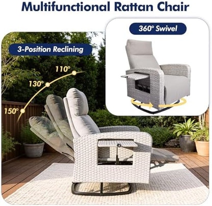 ZZW Outdoor Recliner Chair Set of 2, Wicker Patio Recliners with Adjustable Backrest and Extended Foot Rest, Reclining Patio Chairs with Flip Table & Removable Cushion Cover for Porch