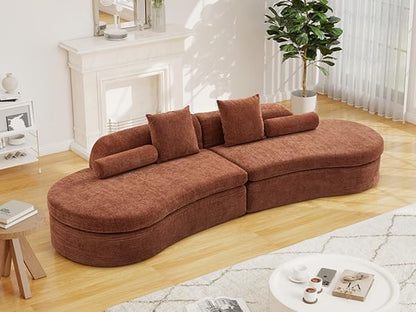 126" Curved Modular Sectional Sofa, Chenille Upholstered Cloud 4 Seater Couch for Living Room, No Assembly Modern Love Seat Sofa with 2 Bolster Pillows & 2 Square Pillows, High-Density Foam, Orange