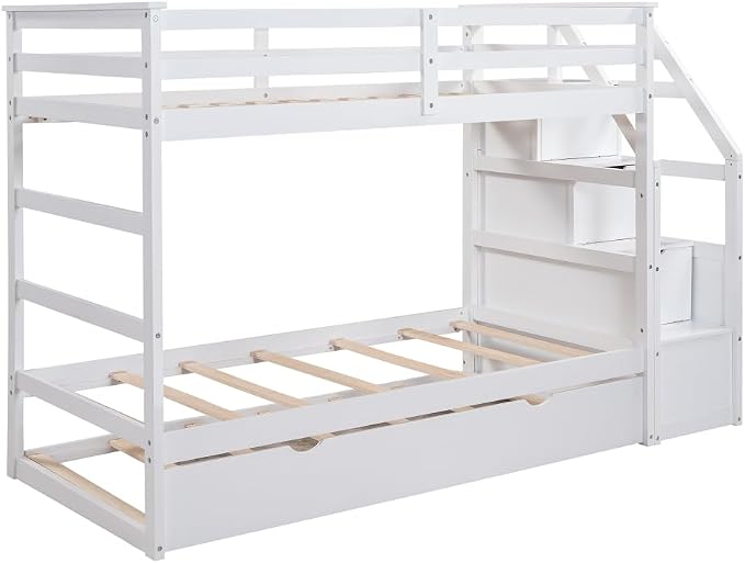 MERITLINE Twin Over Twin Bunk Beds with Trundle and Storage Box, Solid Wood Bunk Bed with Stairs and Storage Case for Teens Adults (White + Solid Wood)