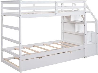 MERITLINE Twin Over Twin Bunk Beds with Trundle and Storage Box, Solid Wood Bunk Bed with Stairs and Storage Case for Teens Adults (White + Solid Wood)