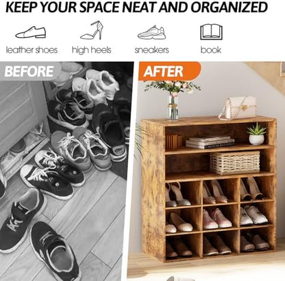 9-Cubby Shoe Rack, Wood Shoe Organizer Bench for Entryway Hallway Closet