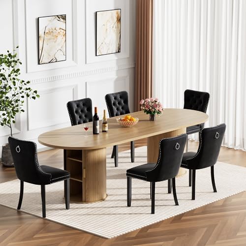 Oval Extendable Dining Table Set for 6, 7-Piece Extendable Kitchen Table Set with 6 Black Upholstered Chairs, Modern 63"-94" Expandable Dining Room Table Set with Storage Fluted Base for Kitchen