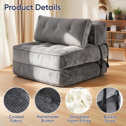 2 in 1 Folding Sofa Bed, Convertible Single Sleeper Chair with Back Support & Pillow, Multifunctional Fold Out Chair Bed for Small Space Living Room Bedroom Guest Office (Grey)