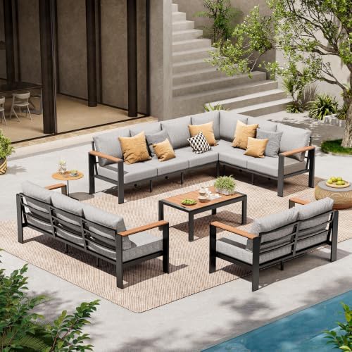 Outdoor Aluminum Patio Furniture Set 11 Seats, Patio Sectional Corner Couch Set with Washable Thick Cushions & Coffee Table, Patio Conversation Sets for Porch, Backyard, Garden, Deck, Gray