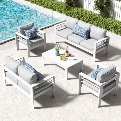 LayinSun Aluminum Patio Chair Sofa, All-Weather Metal Modern 2 Seater Outdoor Sofa with 5" Thick Cushion