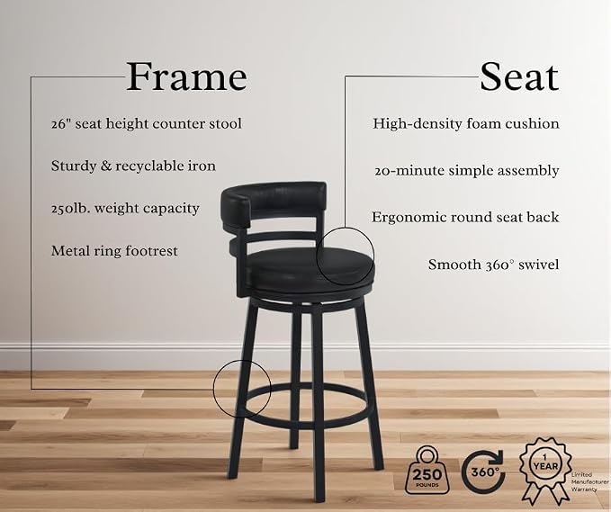 Armen Living Madrid 26" Seat Height Swivel Modern Ford Black Faux Leather and Black Finish Bar Stool for Kitchen Island Counter