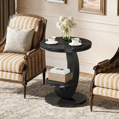 Tribesigns Round End Table, 2 Tiers Side Table with Storage Shelf, Sofa Side Bedside Nightstand with Wood Metal Arc-Shaped Frame for Small Spaces, Living Room, Bedroom, Easy to Assemble, Black (1PCS)