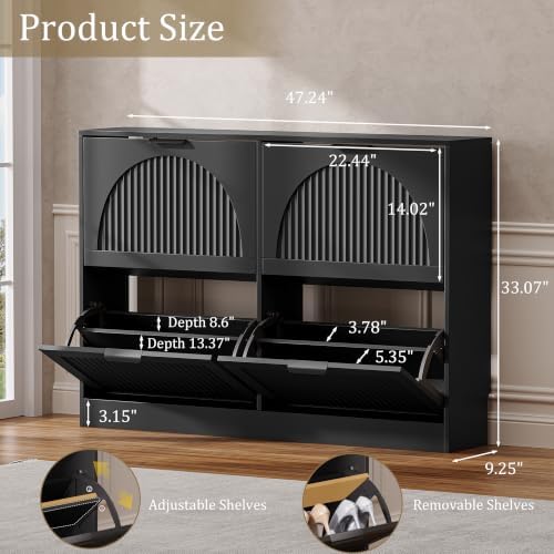 Fluted Shoe Storage Cabinet for Entryway, 4 Flip Drawers, Black